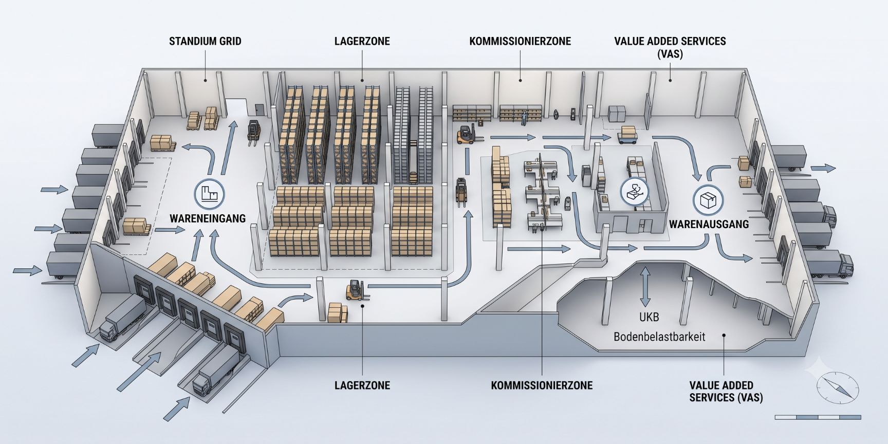 Illustrative overview of a logistics hall layout in U-shape, shows incoming goods, storage zones with high racks, order picking, VAS and outgoing goods for optimized material flow.